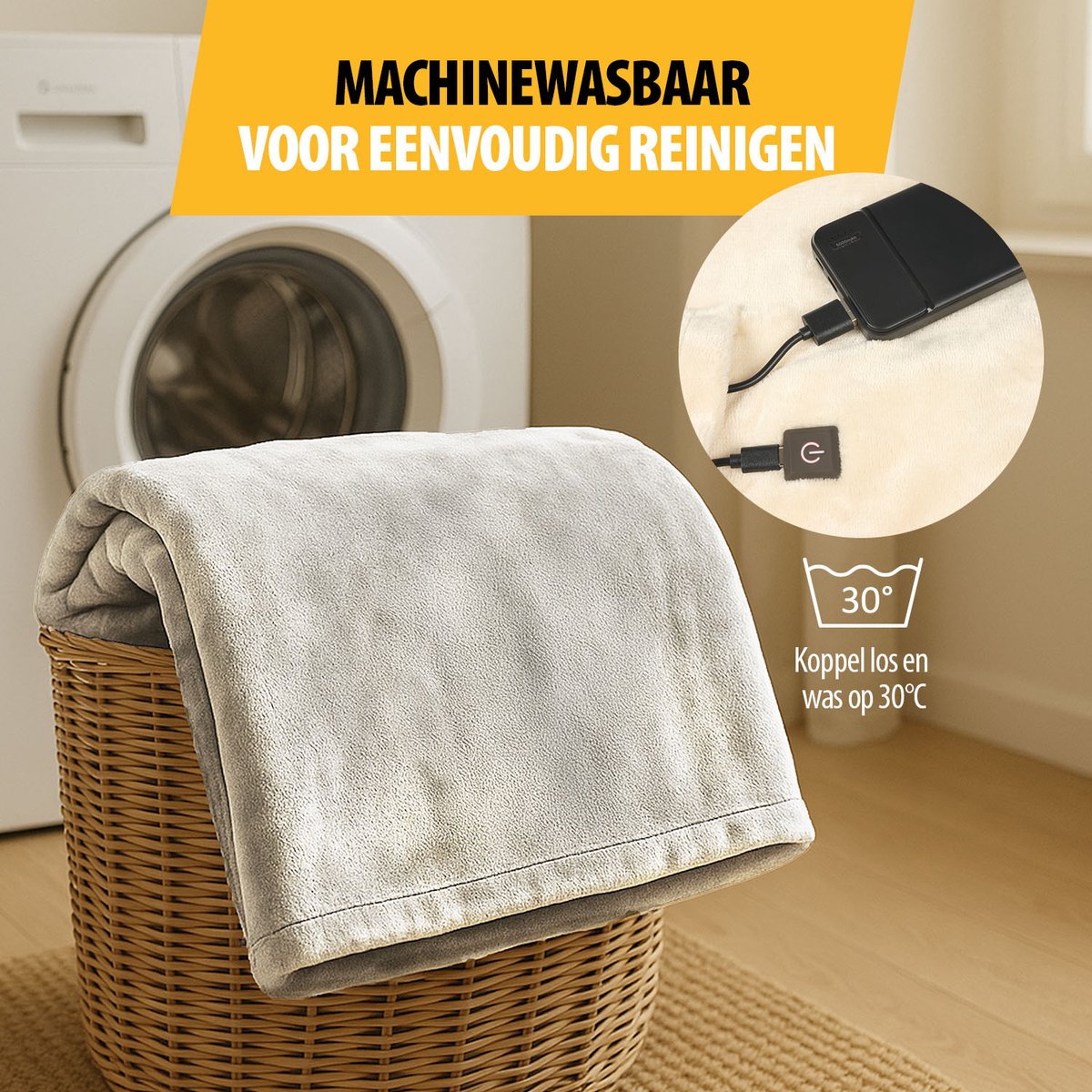 Tristar BW-4787 Draadloos Warmtedeken - Elektrisch Omslagdeken - Wasmachinebestendig - 150 x 80cm - 3 Temperatuurstanden - Fleece - Grijs – foto 7