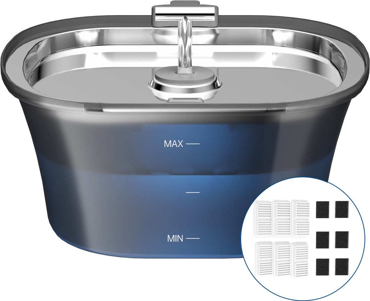 Balimo Drinkfontein Kat & Hond - 2.5 L - RVS Kattenfontein - met LED - Waterfontein kat - Fluisterstil - Incl. 6 Filters en 6 Sponzen+Cleaning tool - Zwart