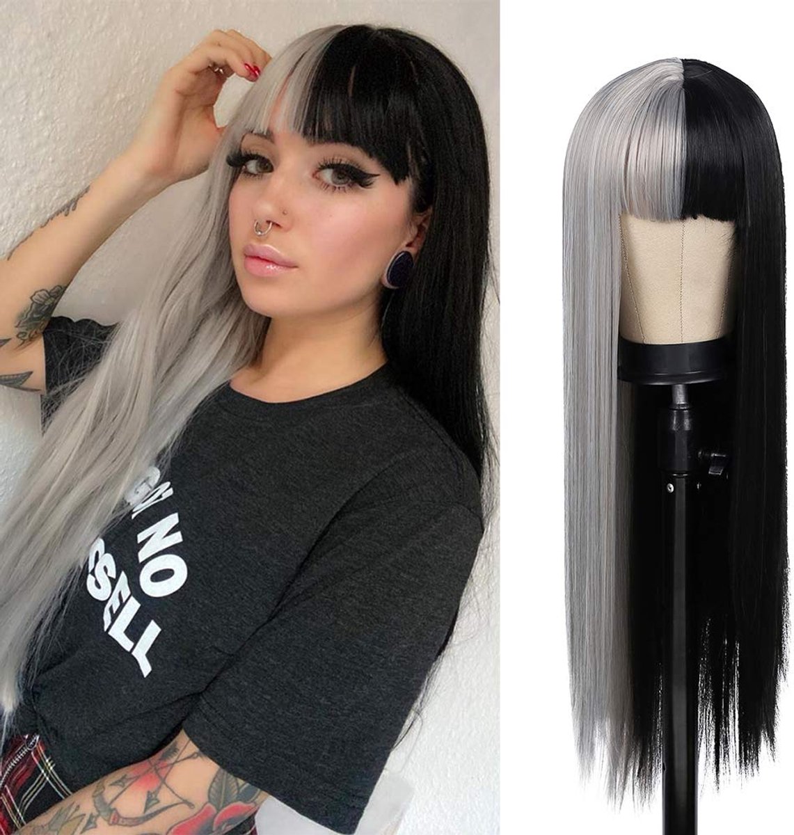 Daity Een damespruik, halfgrijs, halfzwart, met lang, steil haar en een pony, zacht en natuurlijk, geschikt voor cosplay en feestjes (zwart en grijs).