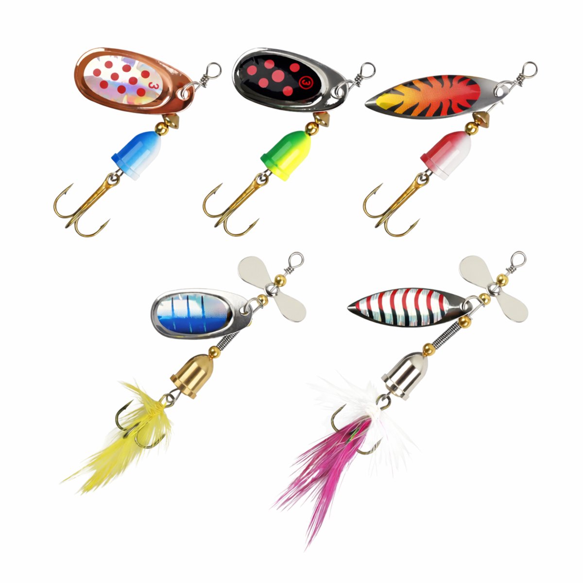 S&D | Spinner Set 5 Stuks – Kunstaas lepelspinners – Met Propeller, Veren & Dreg – Voor Snoek, Baars, Forel & Roofvis
