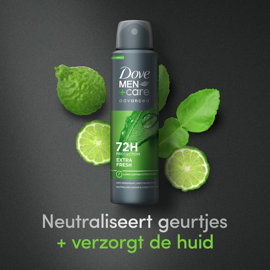 Dove Men+Care Advanced Extra Fresh deodorant spray met bergamot, bladeren en schijfjes citroen. Tekst: Neutraliseert geurtjes + verzorgt de huid.