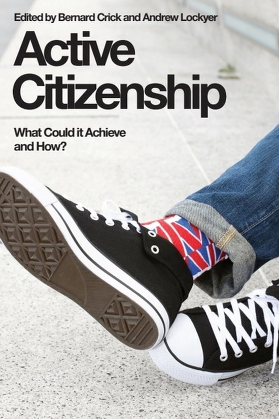 Boekomslag 'Active Citizenship' met een persoon in blauwe jeans, zwarte sneakers en sokken met Britse vlag-patroon.