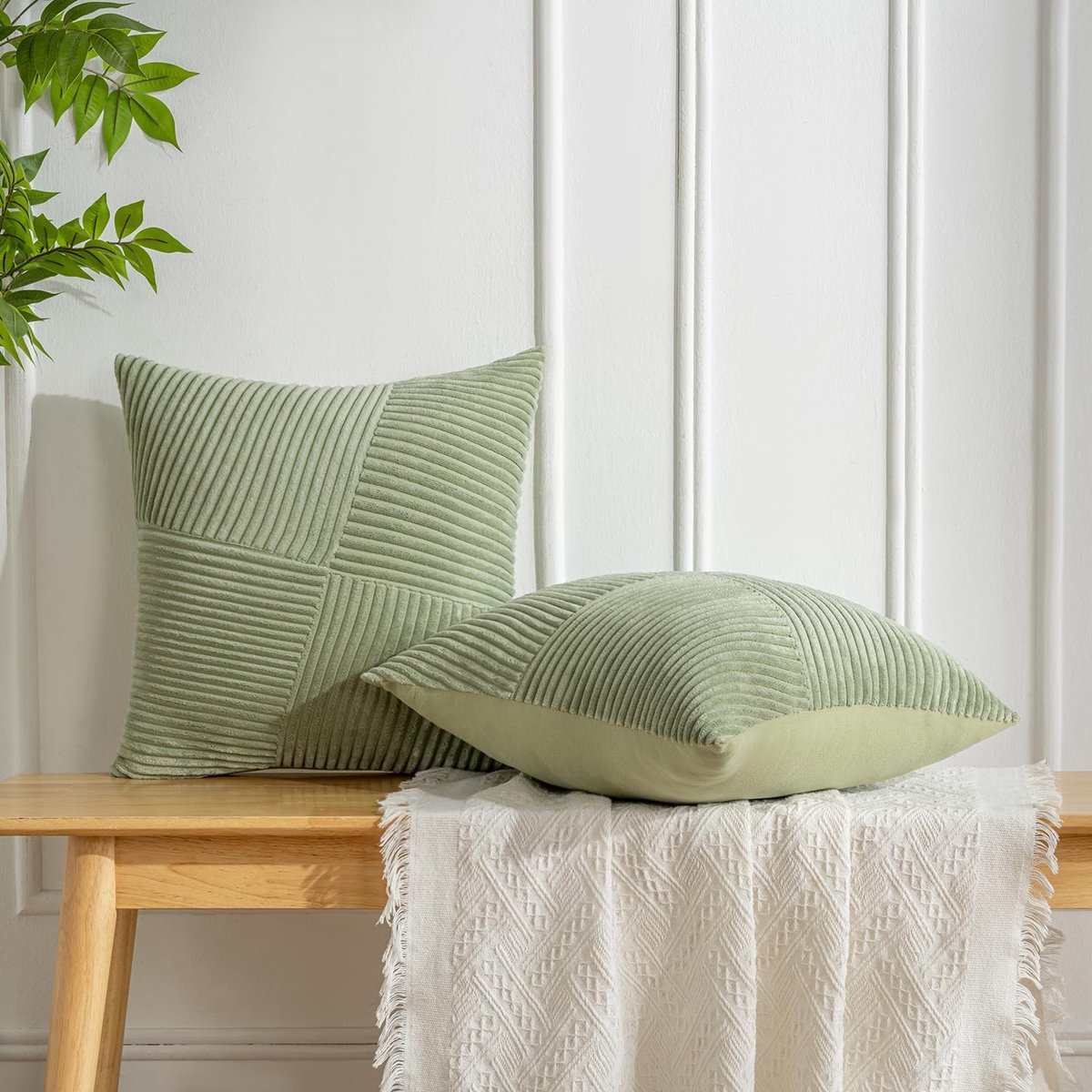 Famanu Corduroy kussenhoezen 50x50 cm groen set 2, zacht ribfluweel vier seizoenen, decoratief voor kantoor auto bank Groen Gras