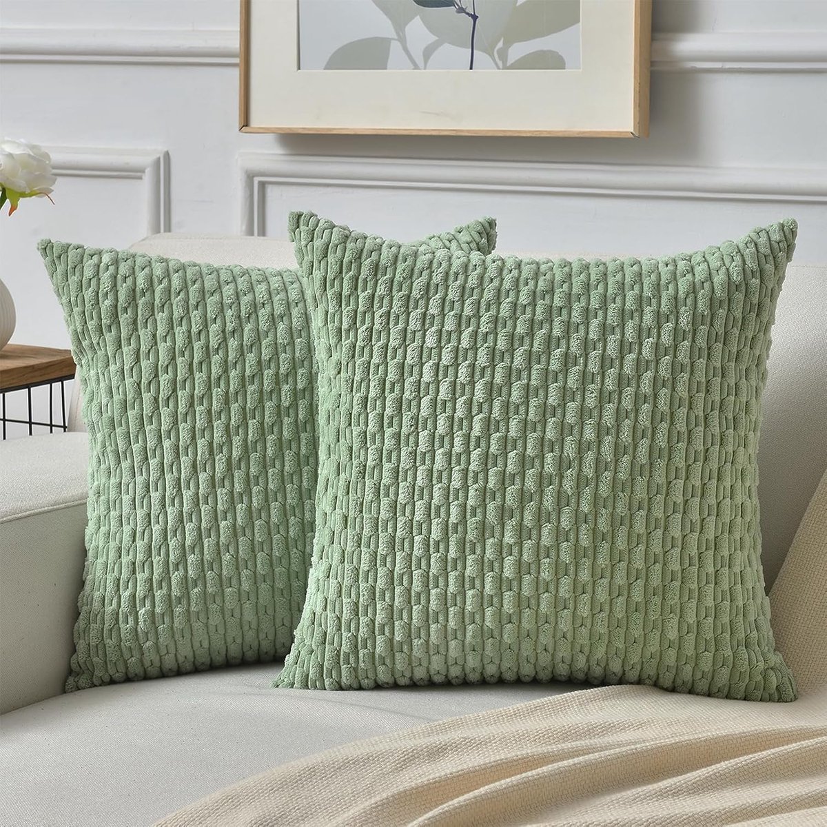 Famanu Corduroy kussenhoezen 40x40 cm saliegroen set 2, modern decoratief voor woonkamer, zachte bankkussenhoezen