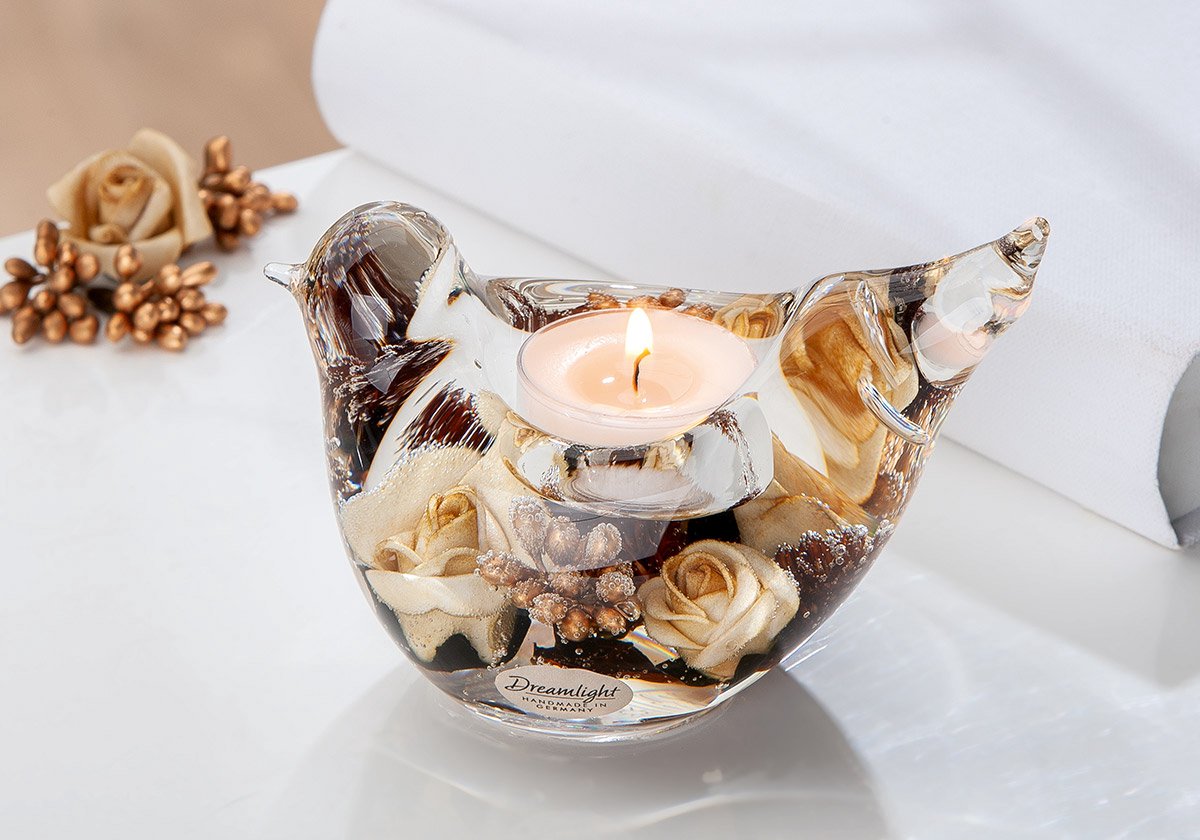 waxinelichthouder vogel gold -glas ingelegd met bruine bloemen - 5x13x7 cm