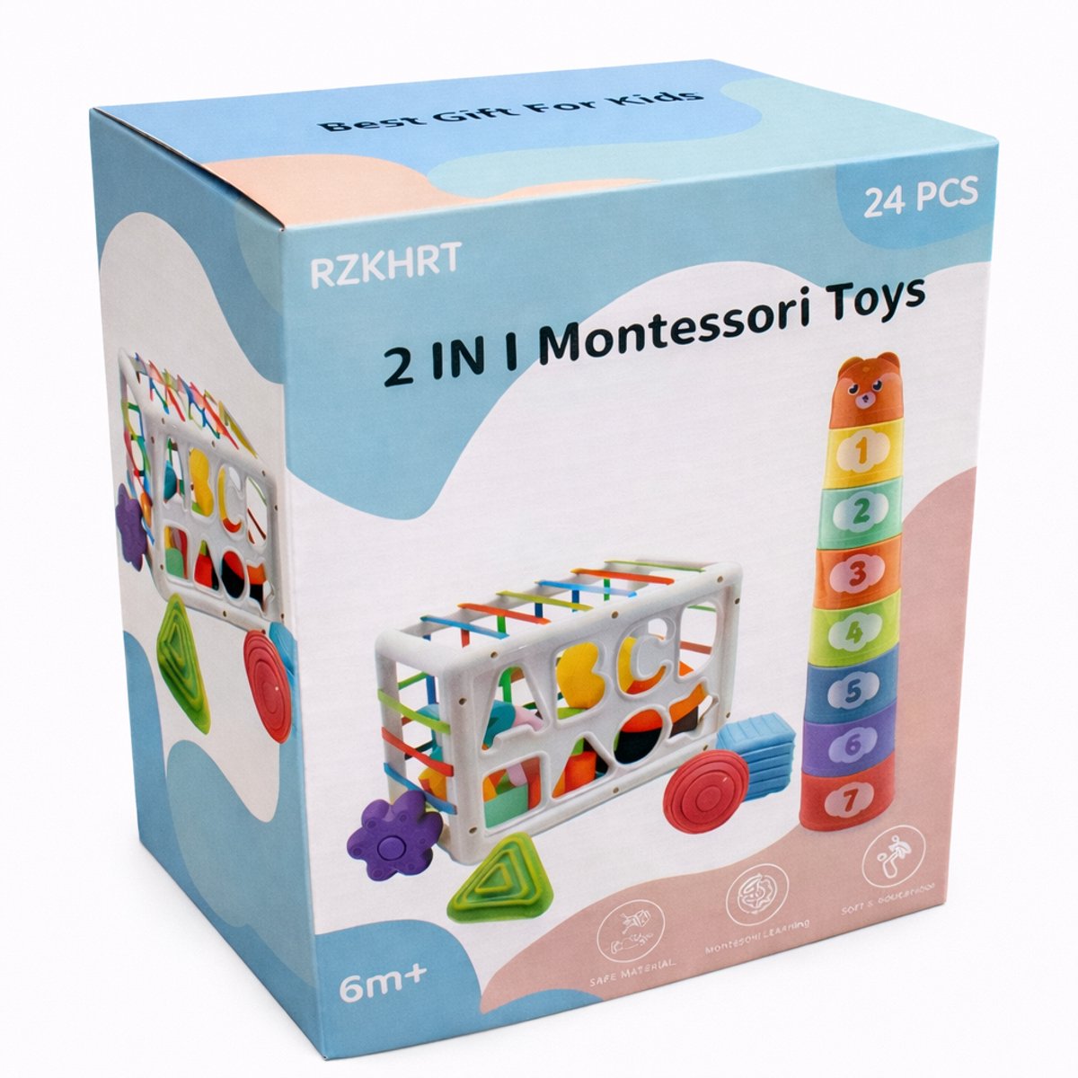 Baby Speelgoed - Speelgoed 1 Jaar - Montessori Speelgoed - Kinderspeelgoed - 2 in 1 Stapeltoren & Vormenstoof — afbeelding 2
