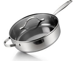 BE Living RVS Hapjespan met Deksel - Ø 28 cm - Sauteerpan - Keramische Braadpan - Inductie Pan - PFAS Vrij Anti Aanbak - Essential Series