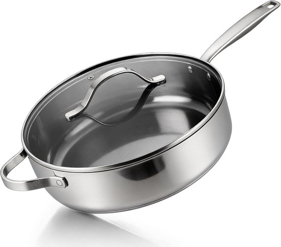 BE Living RVS Hapjespan met Deksel - Ø 28 cm - Sauteerpan - Keramische Braadpan - Inductie Pan - PFAS Vrij Anti Aanbak - Essential Series