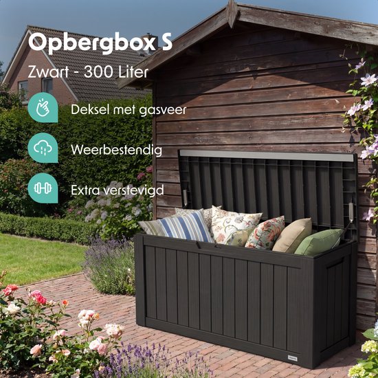 LifeGoods Opbergbox - 300L - Kussenbox - Waterdicht - Tuinkussenbox - Roestvrij - Tuinbox - 117.5x47.5x59 cm - Zwart
