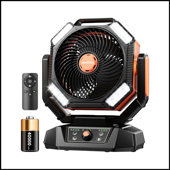 Camping Fan oplaadbare ventilator 20000 mAh, 8 snelheden, oscillatie, 4 LED-lantaarns, draagbaar, USB-A/C