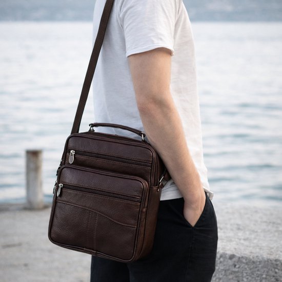 Sac bandoulière en cuir THL Design pour homme – Taille moyenne – Cuir véritable – Marron