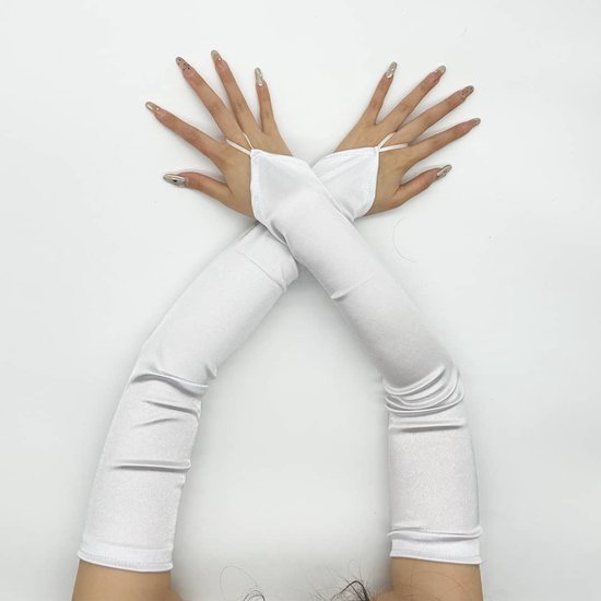 Lange, witte, vingerloze handschoenen die tot boven de elleboog reiken, met een lus voor de middelvinger.