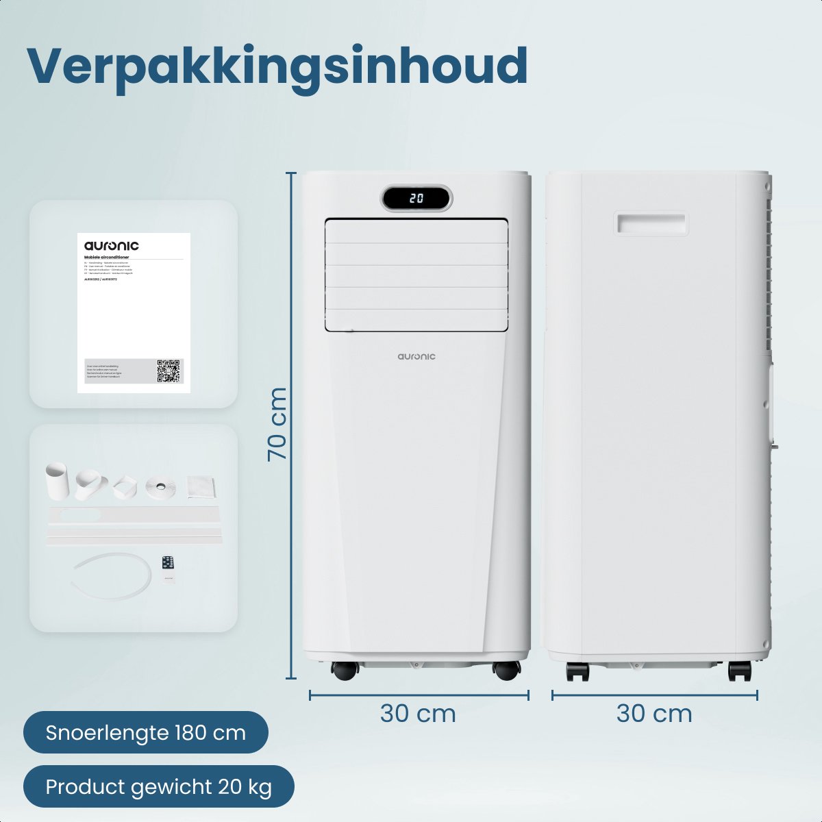Auronic Mobiele Airco - 7.000 BTU - 3-in-1 - Airconditioning met 2 Raamafdichtingskits - Ventilator - Ontvochtiger - Tot 20m² - Wit — afbeelding 8