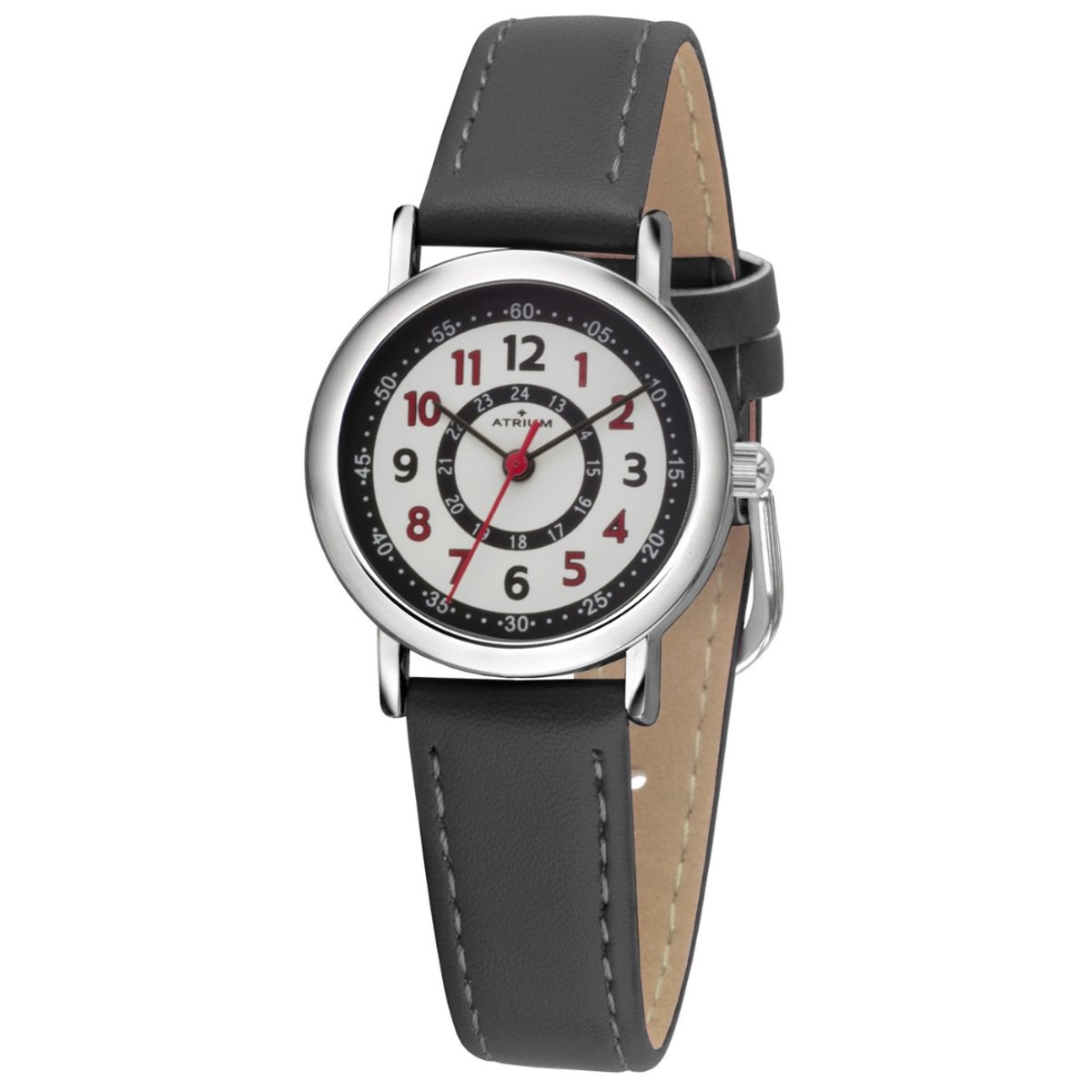 ATRIUM Horloge Kind - Kinderhorloge Jongen - Meisje - Zwart - Rode Accenten - 5 bar Waterdicht - Leercijferblad - Leren - Verstelbaar Bandje 14,5 -19 cm - Leren - Duidelijk - Quartz Uurwerk - Edelstalen Sluiting - A31-107