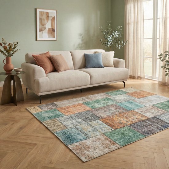 Flycarpets Burano Vintage Patchwork Vloerkleed - Multi - Groen - Oranje - Laagpolig Tapijt Woonkamer - 160x230 cm