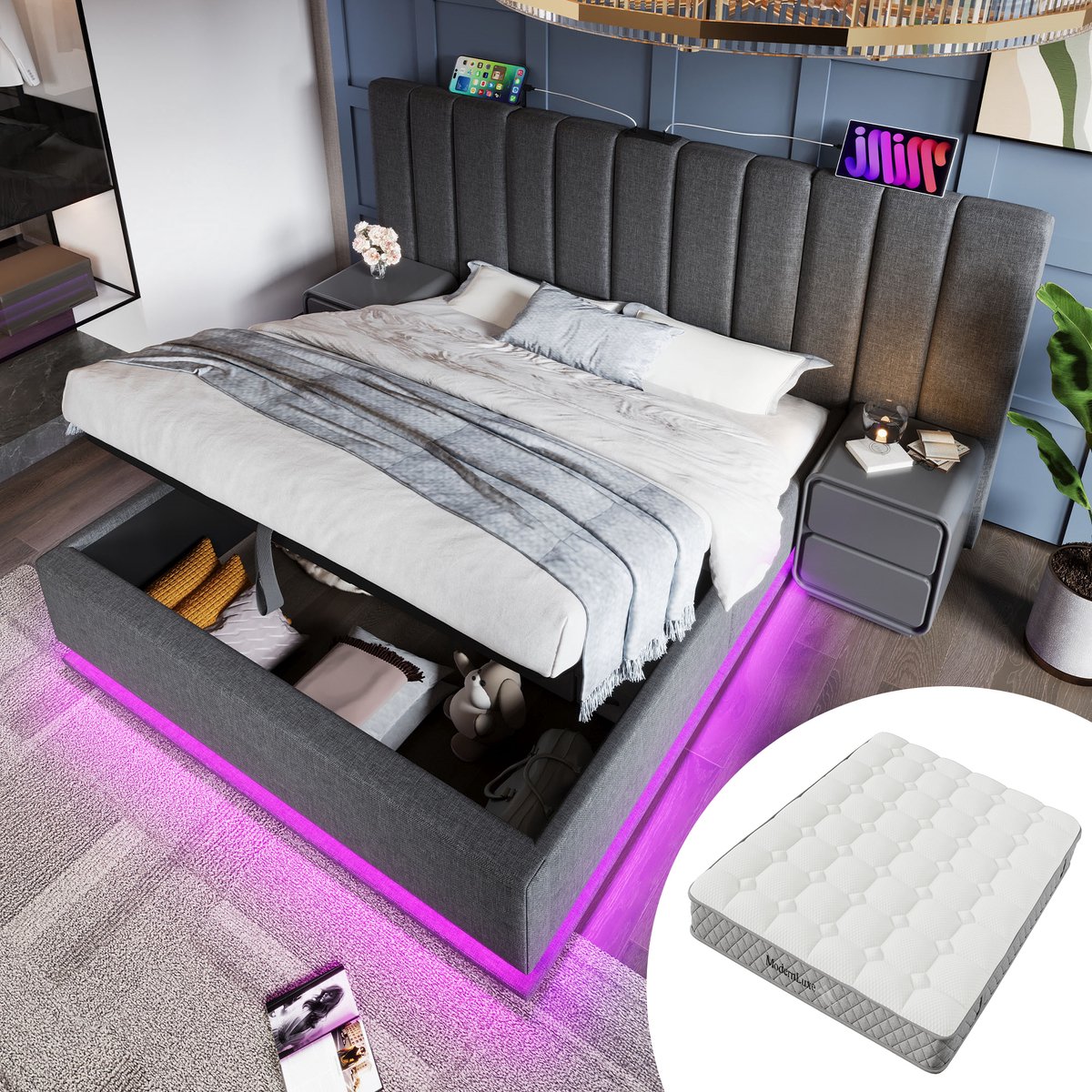 STILVORA Gestoffeerd Bed 180x200cm – Tweepersoonsbed Met Hydraulische Opbergruimte & LED Met Appbesturing – Linnen – Grijs – Met Matras