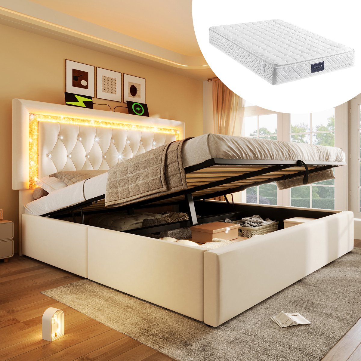 STILVORA Gestoffeerd bed 140x200cm – Tweepersoonsbed met LED & USB/Type-C laadstation – Hydraulische opbergruimte – Velours – Beige – Met matras