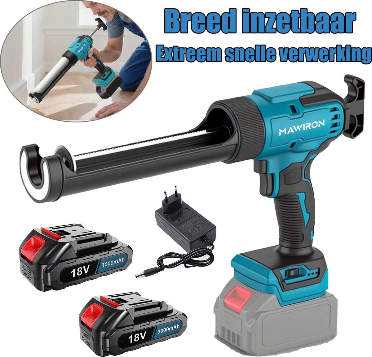 18V Draadloze kitpistool - Druppelvrij, instelbare snelheid, siliconepistool voor automatische gladde toepassing - Afdichtingspistool (inclusief 2 batterijen en lader)