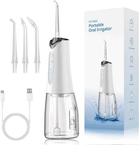 Monddouche - mond douche - Tandenreiniging - Tandvleesverzorging - Draadloze monddouche - Draagbaar met 5 standen - Inhoud: 300 ml - Elektrische tandenreiniger - Met 4 opzetstukken - IPX7 waterdicht - Oplaadbaar via USB-C - Valentijnsdag - wit