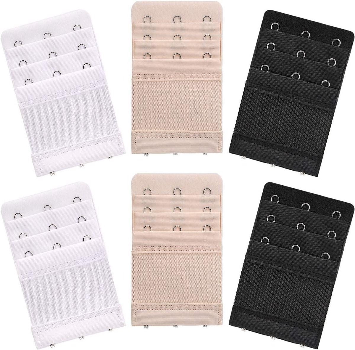 Bh-verlenging met 3 haken en 3 rijen - Set van 6 stuks - Bh-uitbreiding voor dames - Zachte elastische Bh-sluitingverlenging - Zwart, wit, Beige