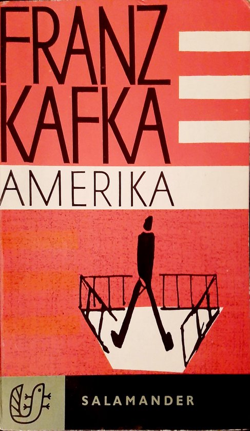 Boekomslag van Franz Kafka's Amerika met rode en witte strepen en een zwarte figuur die over een brug loopt.