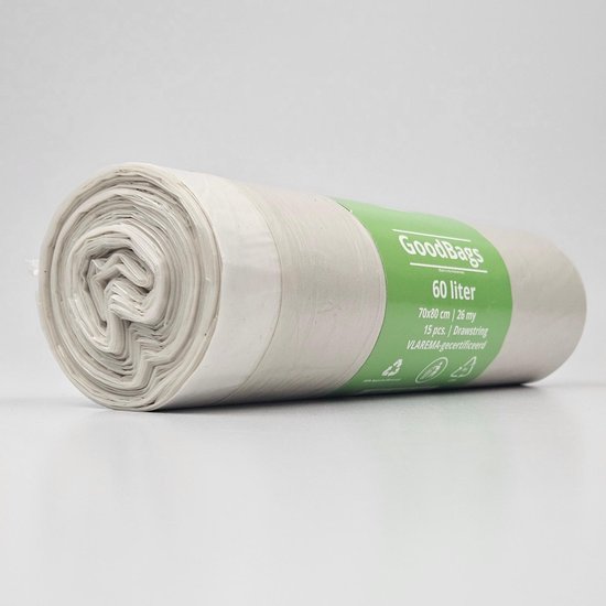 GoodBags 60 Liter | 120 Zakken | Trekband | 100% Gerecycled LDPE | 26 My | 70x80 cm - Geschikt voor Brabantia en Hailo - 60 liter, Transparante Vuilniszakken 60 Liter, Brabantia M Alternatief, Brabantia Vuilniszakken 60 Liter M