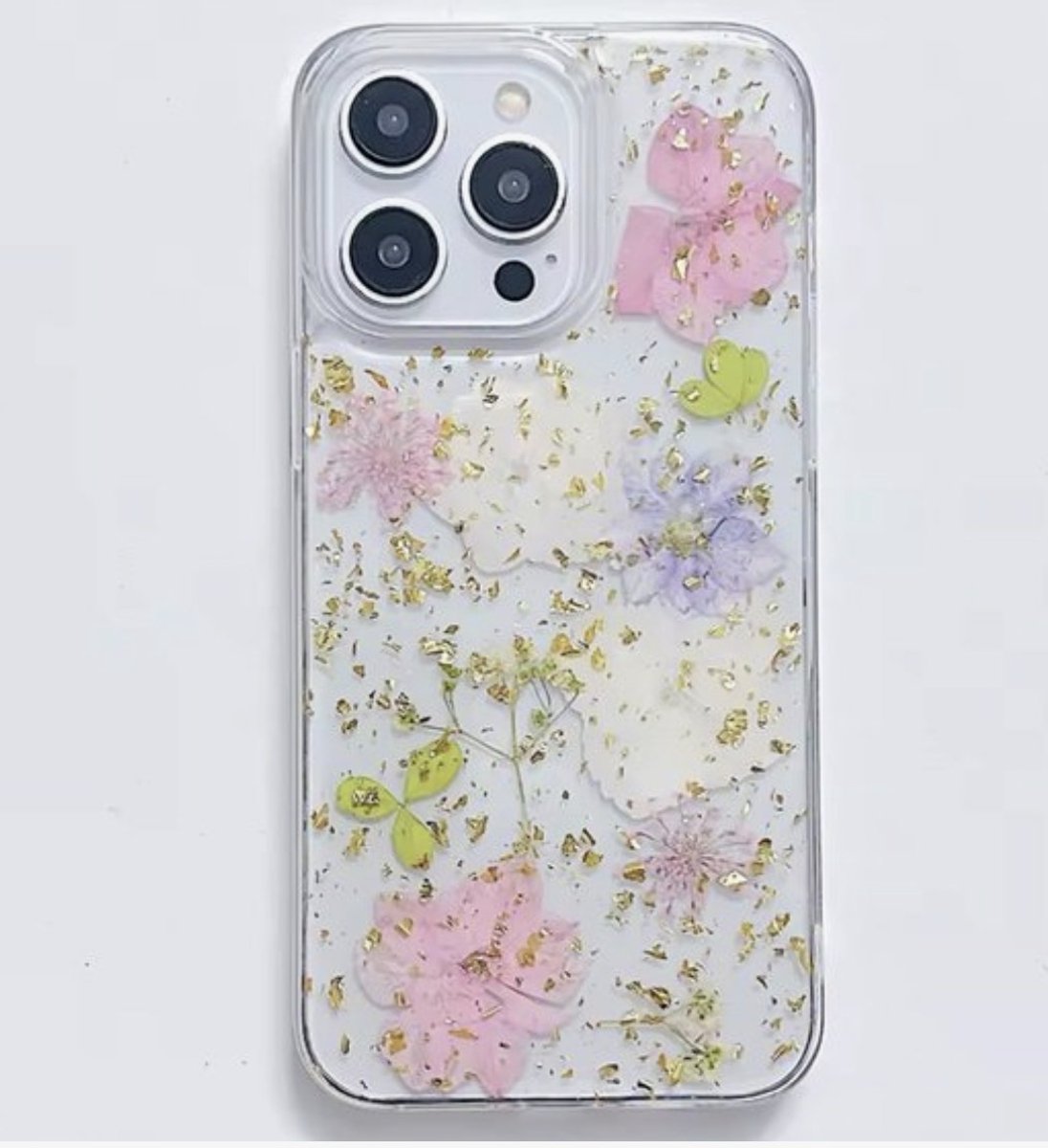 Iphonehoesje met echte gedroogde bloemen (roze, blauw, wit) geschikt voor Iphone 16 (standaardmodel)