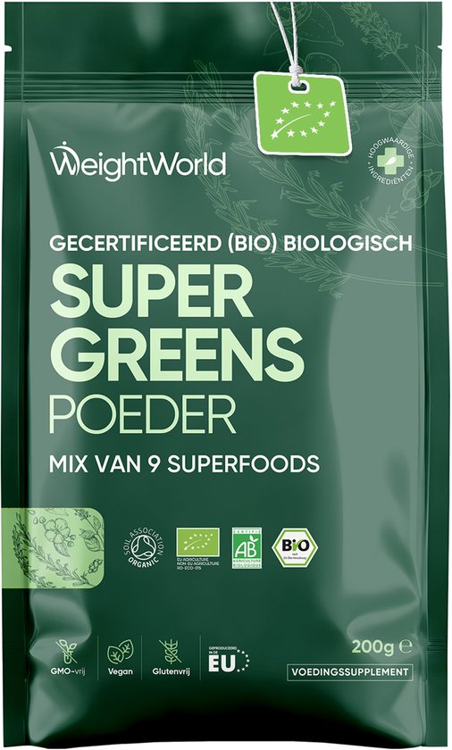 WeightWorld Biologisch Green Juice Superfood poeder - Matcha, chlorella, lijnzaad, açai, maca, tarwegras, gerstegras, guarana en baobab - 9 krachtige superfoods - 200 g