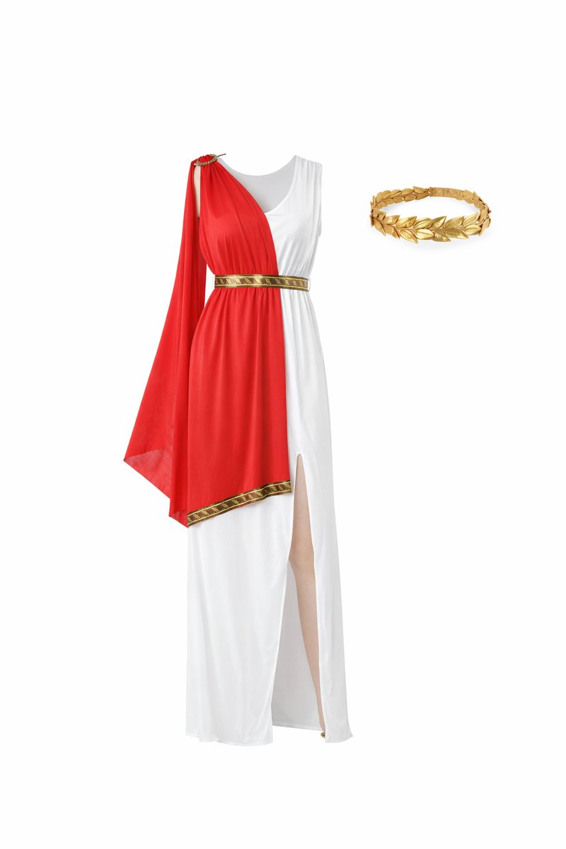 Joya Party® Romeinse Godin Venus Kostuum Dames | Griekse Godin Olympia Verkleedjurk Vrouw | Witte Toga met Rode Sjerp, Gouden Riem & Lauwerkrans | Verkleedpak Vrouwen | Verkleedkostuum | Carnaval & Themafeest | /M — afbeelding 3