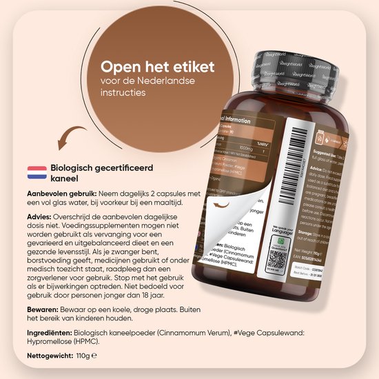 Pot WeightWorld biologisch gecertificeerd kaneel. Nederlandse instructies: 2 capsules per dag met water.