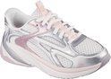 Witte Skechers sneaker met roze en zilveren accenten, witte veters.