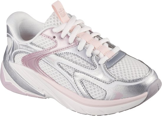 Witte Skechers sneaker met roze en zilveren accenten, witte veters.