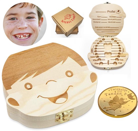 Baby Tanden Box Save Organizer, UWOOD Houten Tand Keepsake Box voor Baby, Kids Melktanden/Navelstreng/Lanugo Geheugen Opbergdozen Organizer voor Jongens Meisjes (1