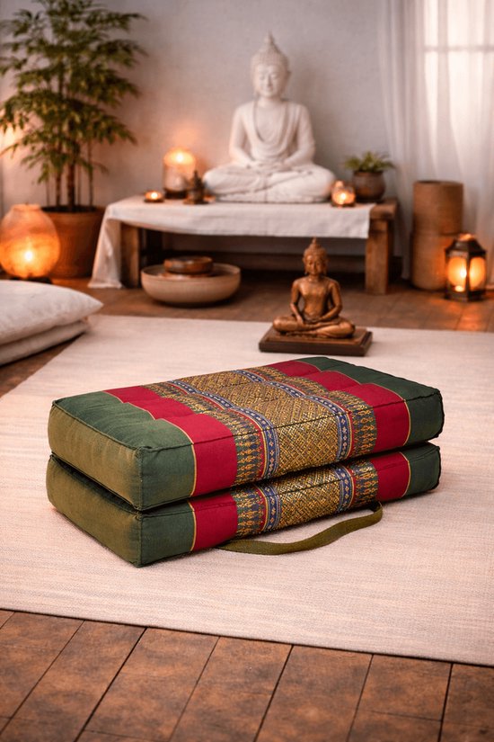 Meditatiekussen - Yoga kussen - Zitkussen - Opvouwbare Vloerkussen - Draagbaar kussen - groen/rood (40x40x7cm) van Sens Design — afbeelding 4