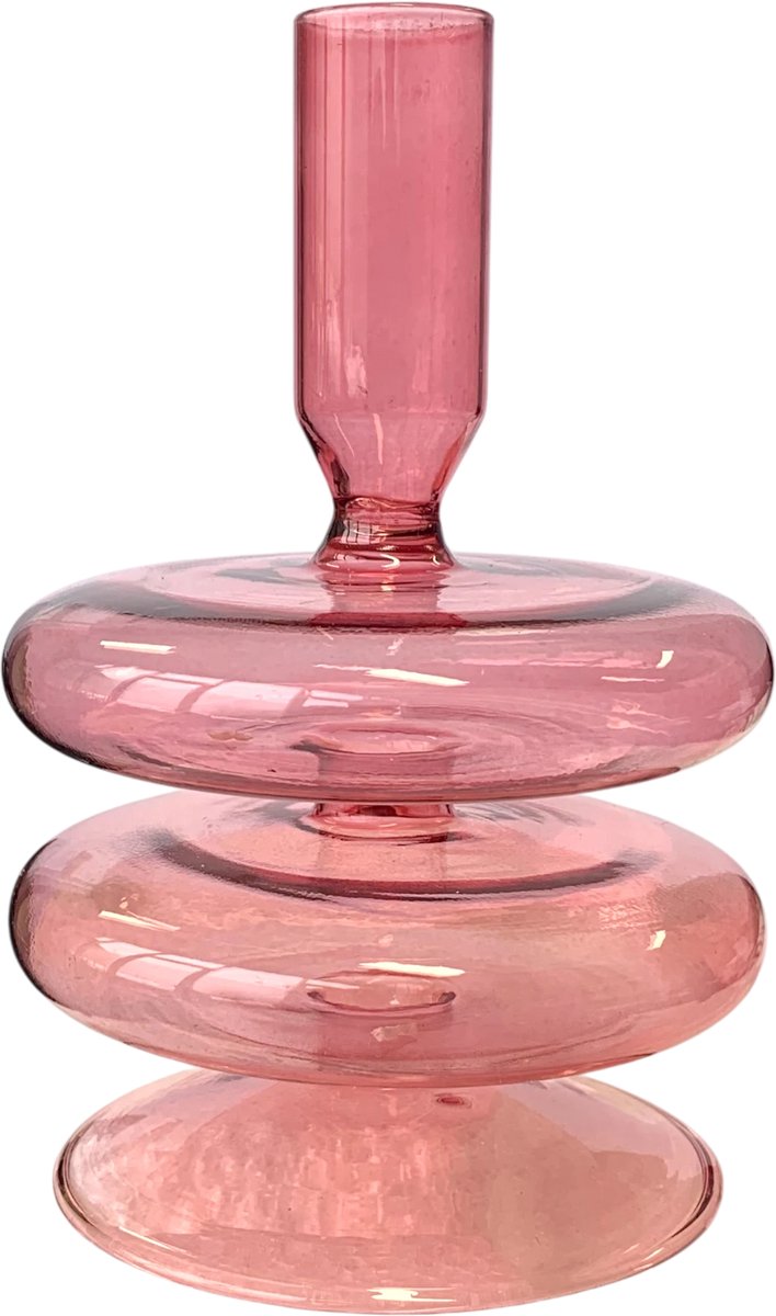 WinQ - Kleurige Glaskandelaar in een Pink kleur in de maat 9x15,5cm met ronde vormen. Kaarsenhouder glas– Decoratie woonkamer – geschikt voor Dinerkaarsen