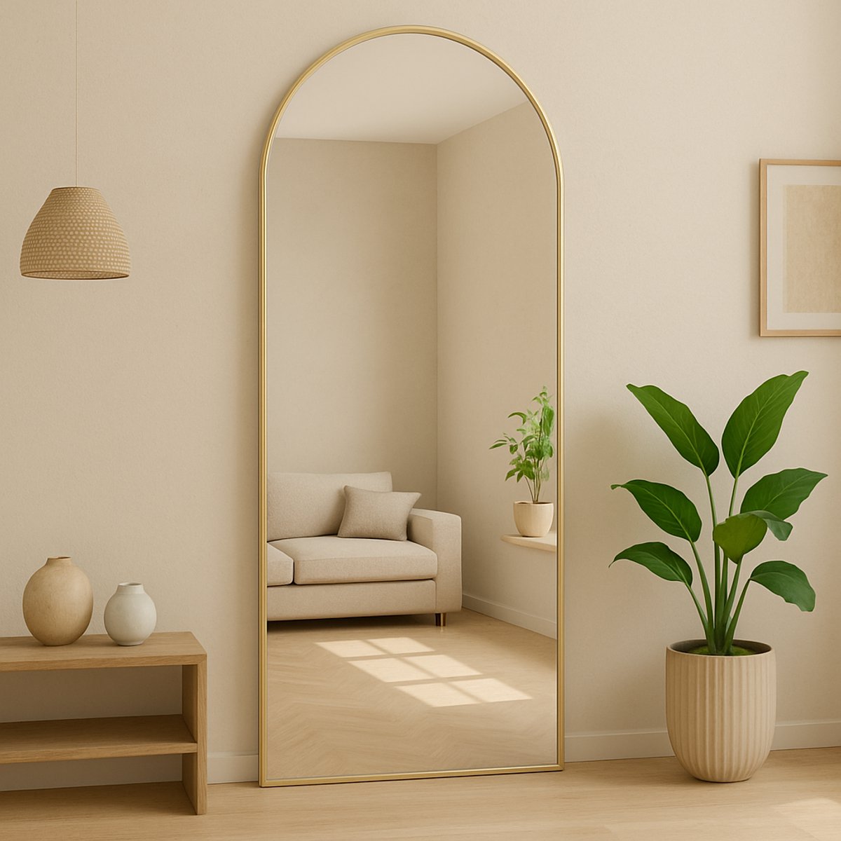 AMS Living® Spiegel - Boog Spiegel - Grote Spiegel 200 x 80 cm - Passpiegel - Wandspiegel - Staande Spiegel - Metalen Rand - Goud - Modern - Kleedkamer Spiegel - 200x80cm