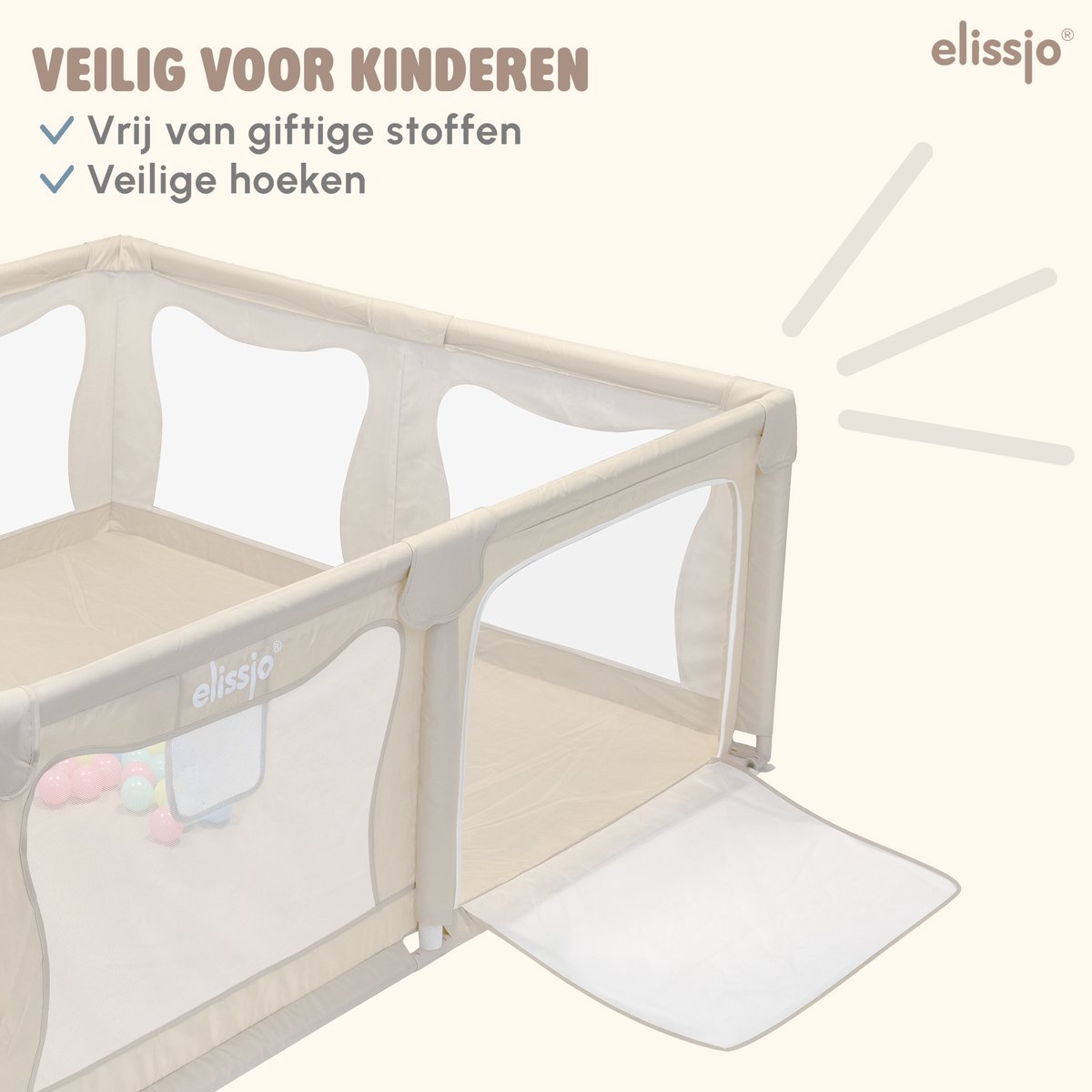 Elissio® - Grondbox Baby – Inclusief Dubbelzijdige Speelmat – Baby Speelbox met 50x Speelballen - Kinderbox - Playpen - 180x150 CM - Beige – foto 3