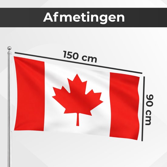 Canadese vlag van 150 x 90 cm, weergegeven aan een vlaggenmast met afmetingen.