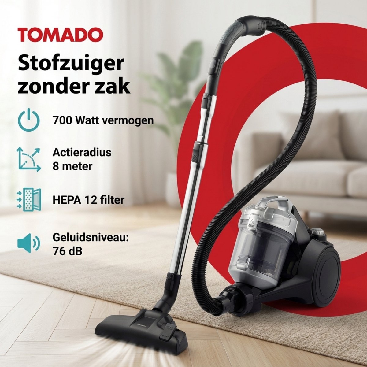 Tomado TVC2001B - Stofzuiger zonder stofzak - 2 liter - Zakloos - HEPA 12 filter - Lichtgewicht - Zwart — afbeelding 2