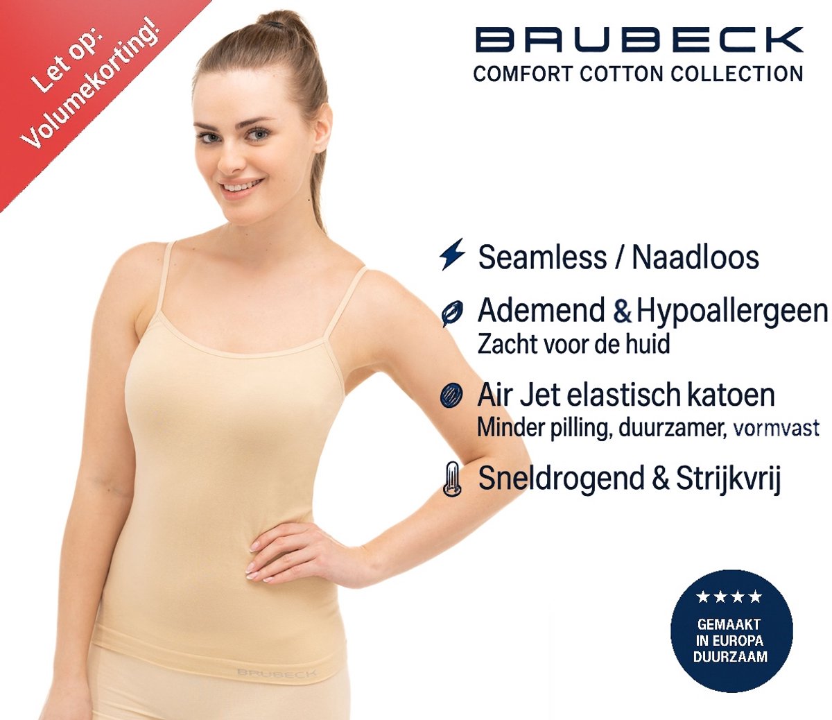 Brubeck Dames Seamless Hemd (Singlet) – Naadloos Katoenen Onderhemd – Ademend & Hypoallergeen - Beige - L
