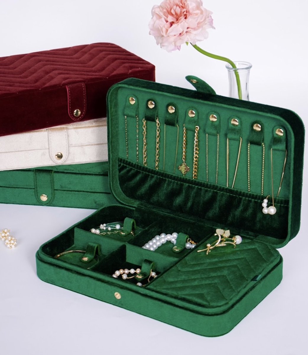Grote Fluwelen Sieradendoos – Luxe Vintage Sieraden Organizer voor Reizen - Emerald Green