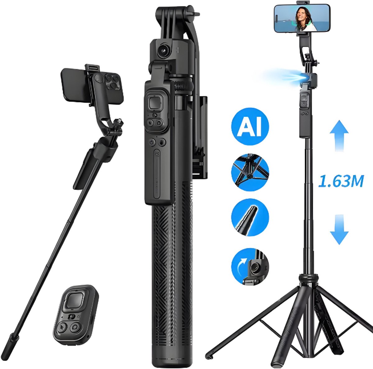 C17 360° AI Tracking Gimbal – Selfie Stick + Opvouwbaar Statief – Voor Smartphone & Camera
