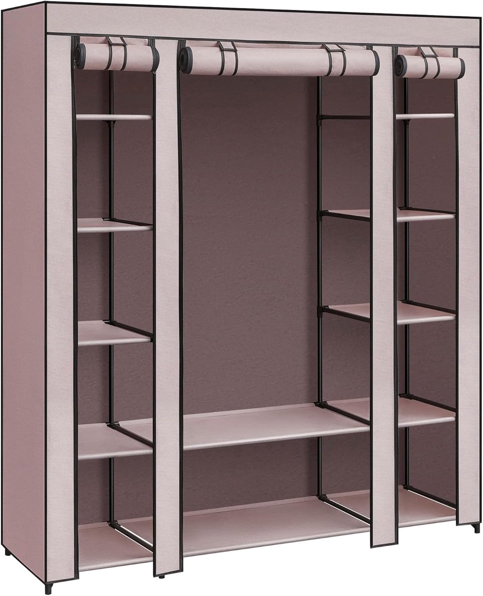 SONGMICS - Kledingkast van stof - verplaatsbare kledingkast - 45 x 150 x 175 cm - 12 vakken - metalen frame - poederroze