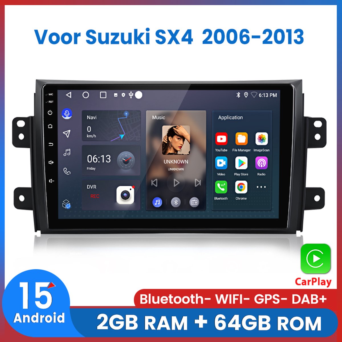 Awesafe Autoradio - Geschikt Voor Suzuki SX4 (2006 t/m 2013) - 2+64GB 4Core - 9 inch Android 15.0 CarPlay Autoradio - Draadloos CarPlay & Android Auto - Bluetooth & WiFi - GPS Navigatie - 2006 2007 2008 2009 2010 2011 2012 2013