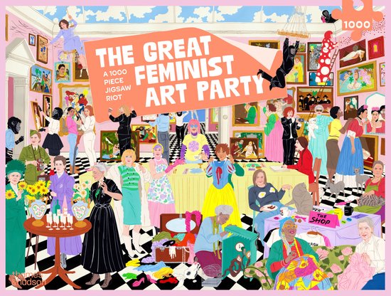Puzzel 'The Great Feminist Art Party' met 1000 stukjes. Diverse vrouwen in kleurrijke outfits, kunst aan de muur, feestelijke sfeer.