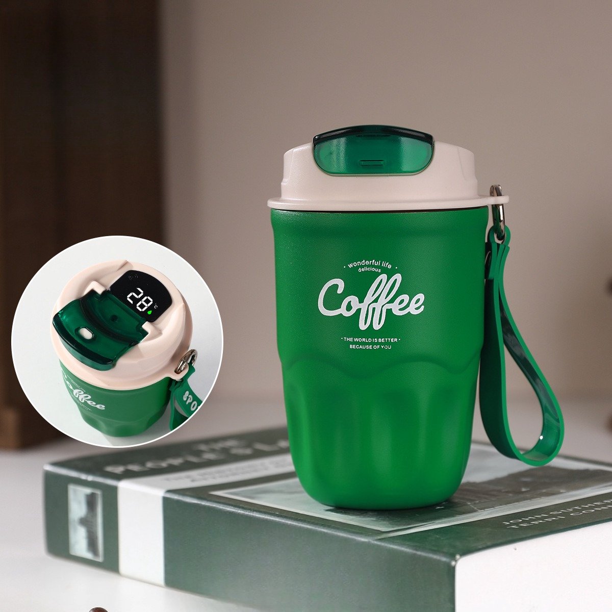 360ml Draagbare Geïsoleerde Koffiemok - Slimme Temperatuurweergave - Reisbeker Voor Koffie - Roestvrijstalen Thermosfles - Dubbelwandige Vacuümbeker - Groen