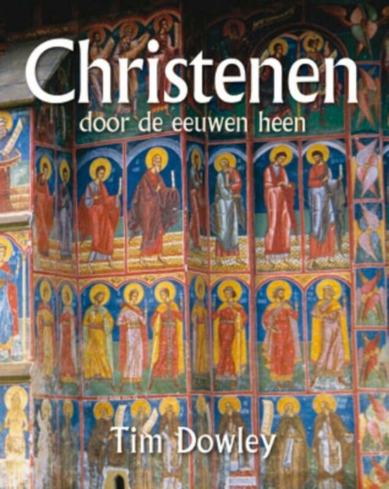 Boekomslag 'Christenen door de eeuwen heen' met kleurrijke muurschilderingen van religieuze figuren.