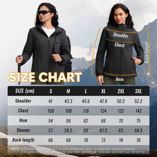 Twee vrouwen in zwarte softshell damesjacks, met een maattabel.