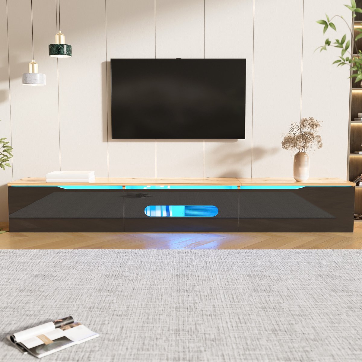 Clruro TV-Meubel 180 cm - Lowboard Met LED-Verlichting - Hoogglans Oppervlak - Onbekend - Neutraal zwart