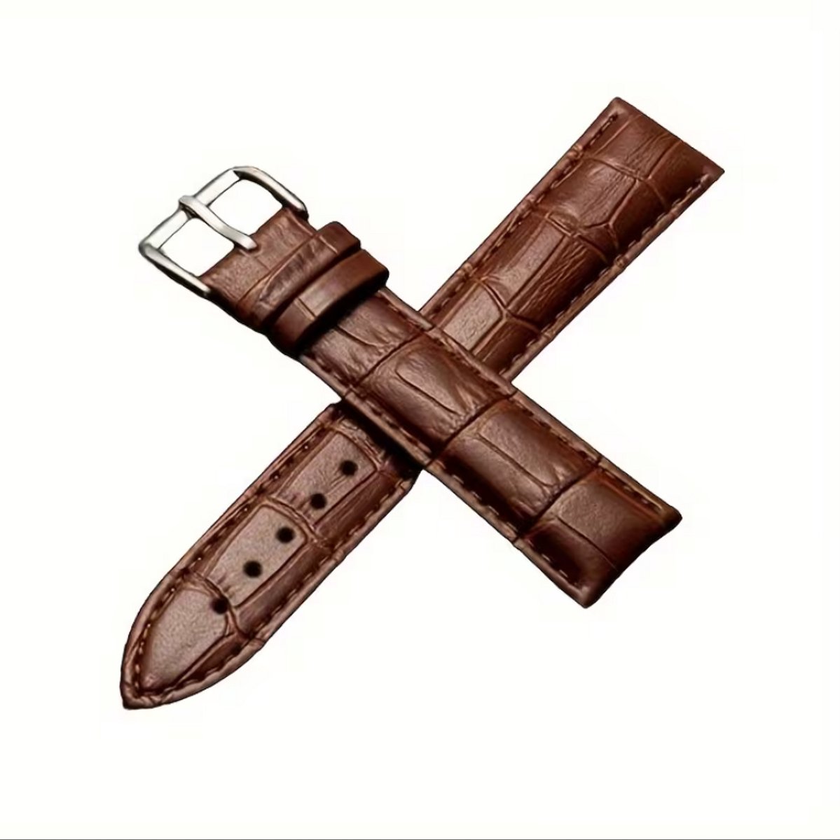 Bruin horlogebandje 16 mm geschikt voor dames en heren met krokodillenlook structuur en zilverkleurige gesp, smal vervangend horloge bandje met stiksel
